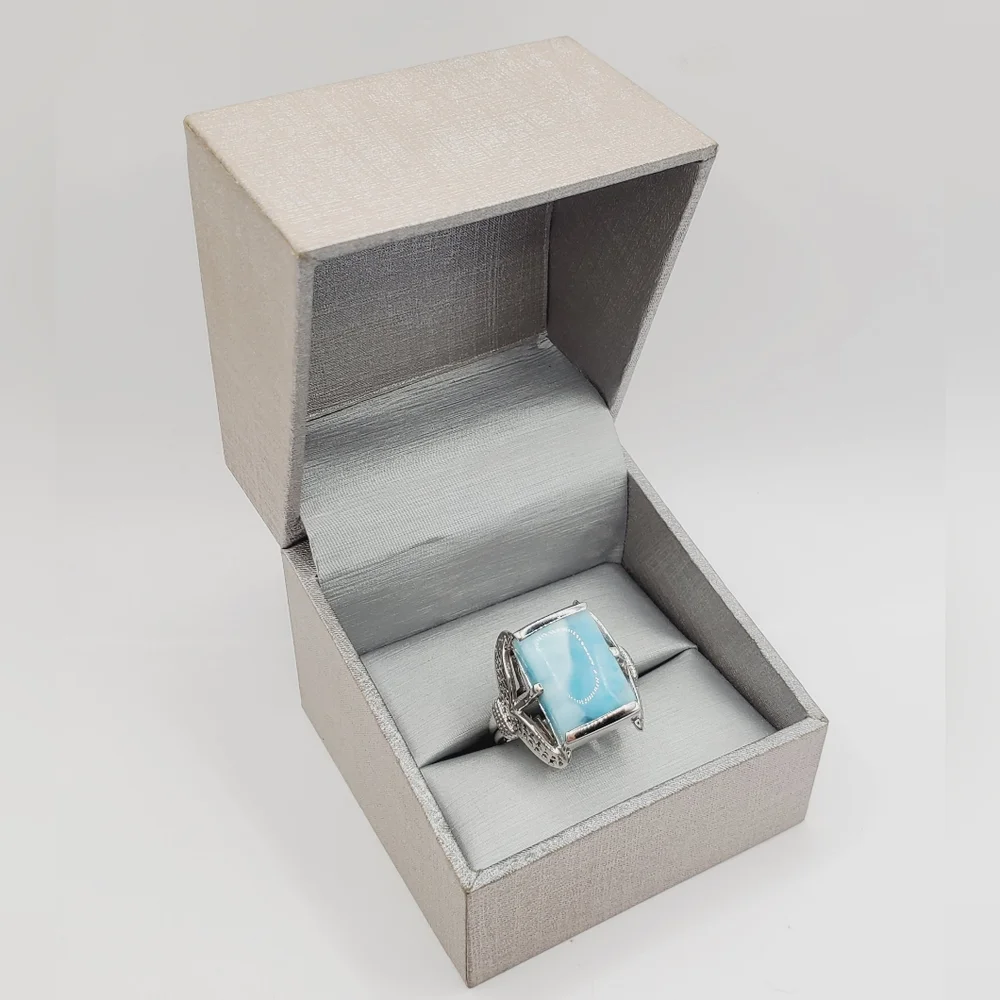 925 Sterling Silver Genuine Rectangle Blue Larimar Statement Ring
